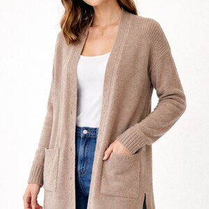 Speckled Open Front Cardigan Side Slit Pockets Cozy Knit (Size S)